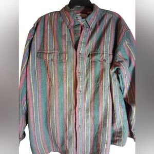 St Johns Bay Mens Cotton Multicolor Striped Button-Up Shirt Size XLT Officewear